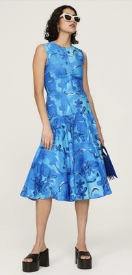 Marni Blue Floral Crewneck Midi Dress Size 42 (US 6) Designer MSRP $1,100 Cockta