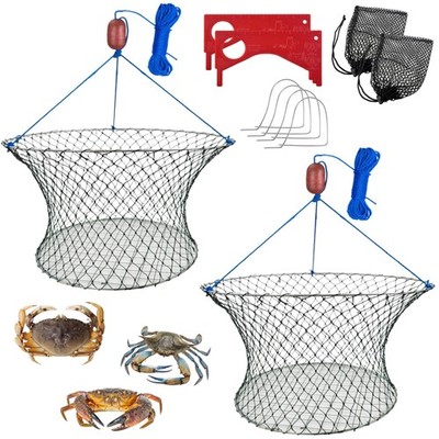2 Pack Double Ring Steel Crab Trap Net, 24'' Top, 20'' Bottom, 50' Rope