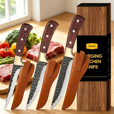Mooues 3tlg Küchenmesser Set Schmiedemesser Scharf Profi Kochmesser Holzbox BBQ