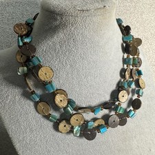 Vintage Triple Strand Turquoise Dyed Shell Round Wooden Discs Boho Necklace