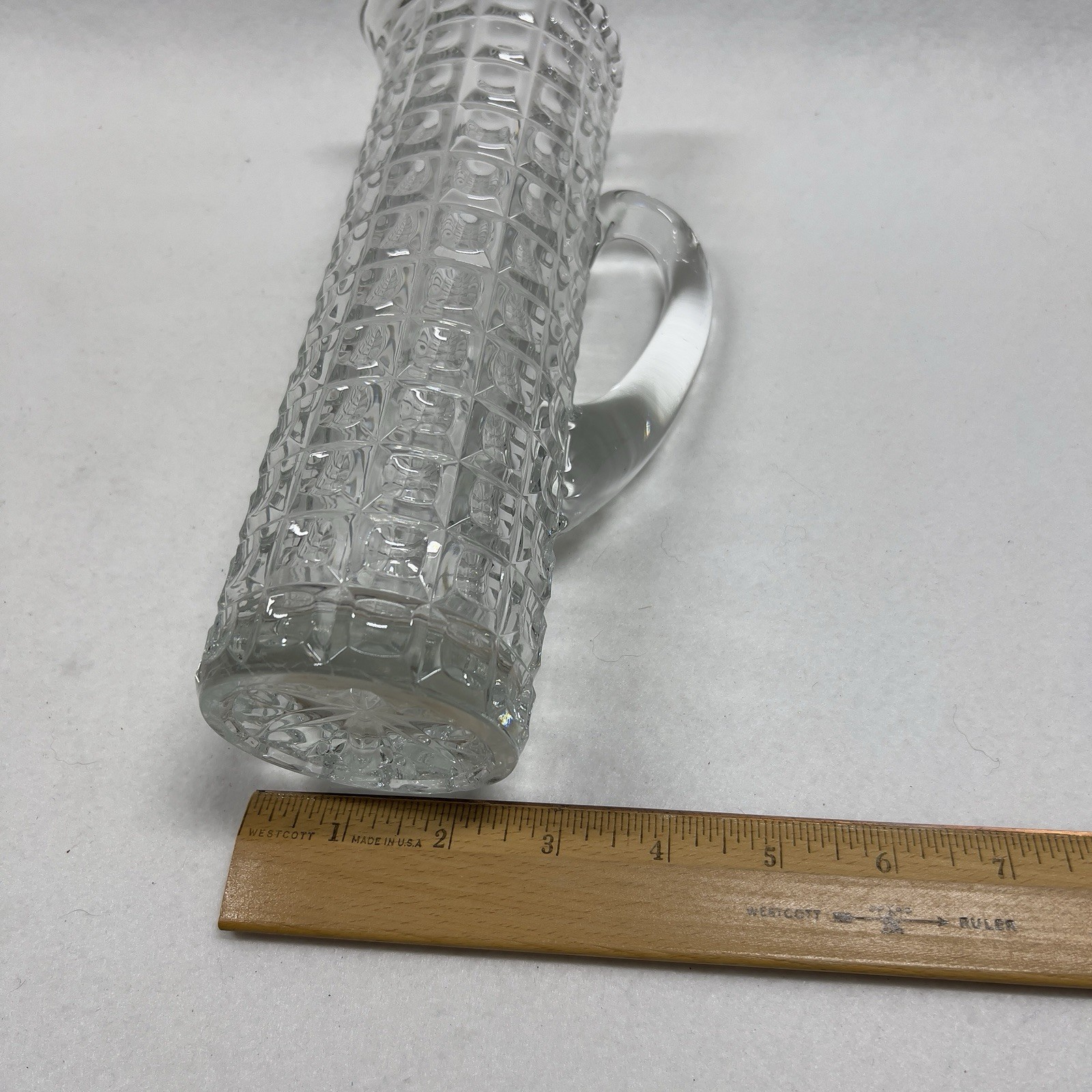 Vintage American Brilliant Pressed Glass Greek Key Pitcher 9” Tall x 3” Wide