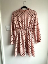 Boohoo Pink Black Polka Dot Mini Smock Dress UK 8 Long Sleeve High Neck Tea