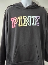 PINK Victoria's Secret Hoodie Women's Size L Black Pullover Rainbow Logo