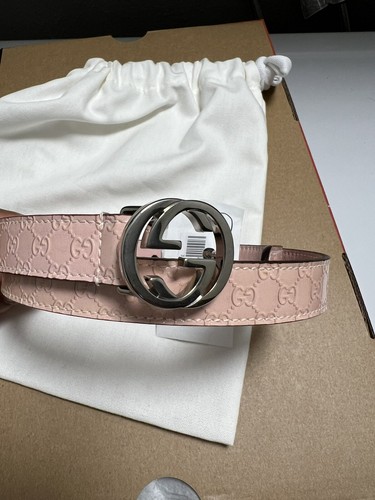 Gucci Leather Belt Girls Junior Large Double G GG Silver Buckle Powder Pink - Picture 3 of 6