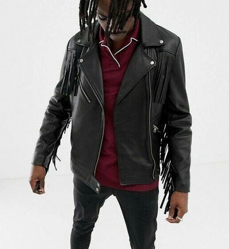 Men's Real Sheepskin Leather Black Motorcycle Biker Fringe Jacket Cowboy Vintage