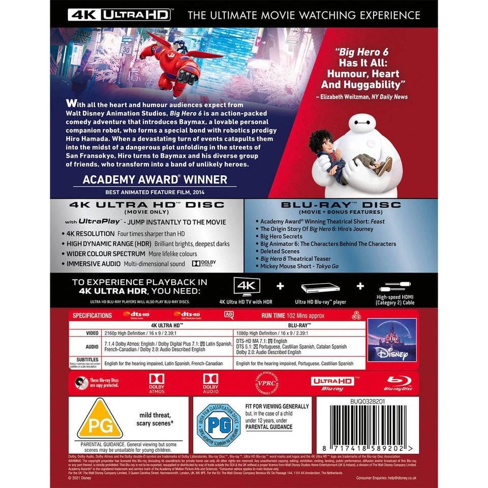 Big Hero Six [PG] (2 Disc) 4K UHD + Blu Ray DISNEY PIXAR NEW & SEALED - Image 3 of 3