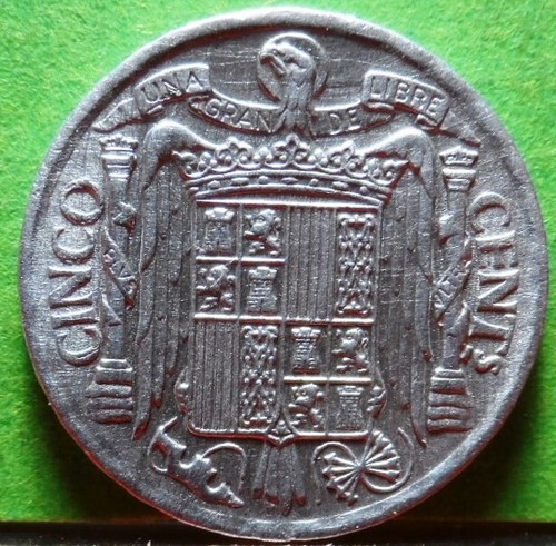 XF+, ESTADO ESPAÑOL (Franco) 5 Centimos, 1953, Aluminum, SPAIN - Picture 2 of 2