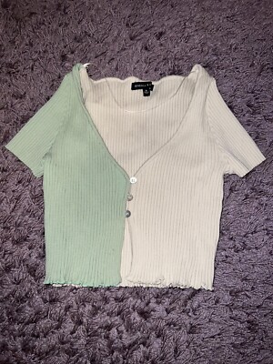 Kendall & Kylie Top Double Trouble Cardigan Womens Green and Ivory Shirt