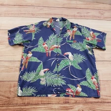 VINTAGE Barefoot In Paradise Shirt Mens XL Blue Red Hawaiian Parrots Magnum PI