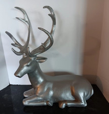 Modern Silver Resin Plastic Reindeer Deer Resting Figurine 15" High, 12" Long