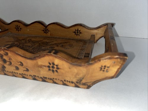 Antique hand made Cornucopia pyrography wood Tray - Picture 4 of 8