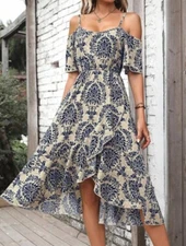 Breezaya Allover Print Cold Shoulder Ruffle Hem Dress Maxi Vacation Beach Outfit
