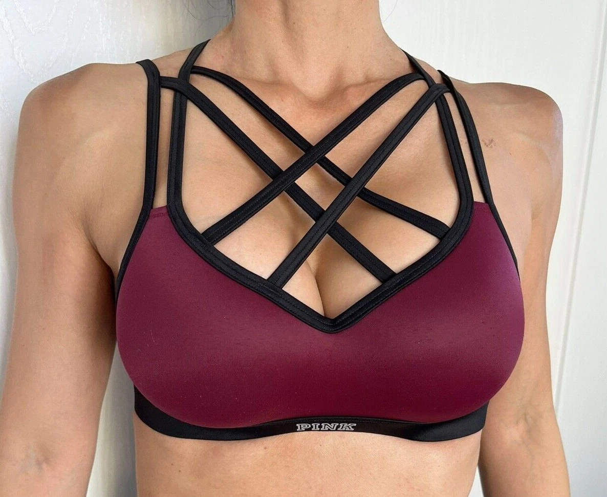 Victorias Secret Pink Ultimate Wine Push Up Strappy Cage Front Sports Bra  Sz XS