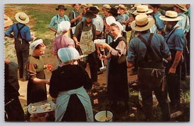 Postcard Pennsylvania Dutch Amish Time-Out from Barn Raising 