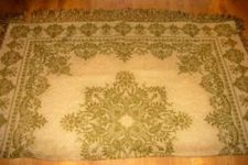 VICTORIAN FRENCH PIANO SCARF MATELASSE WOVEN FRINGED GREEN CREAM ANTIQUE RARE