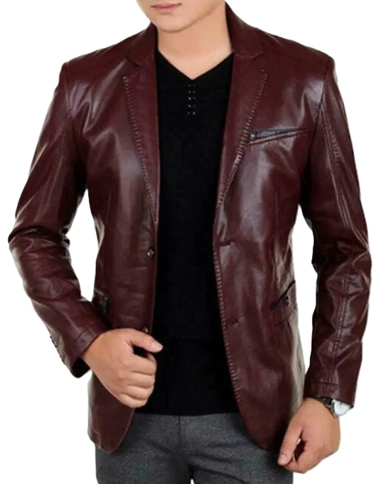 Men's 100% Genuine Lambskin Leather Two Button Maroon Blazer Casual Wear Coat