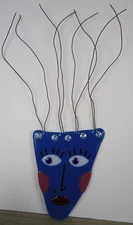 Fused Art Glass Hanging Blue Face Sculpture Signed 2007 Maximalist Abstract Y2K