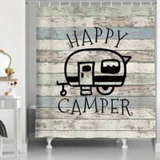 Happy Campers Shower Curtain 72x72" Retro Rustic Wood for RV Trailer Camping