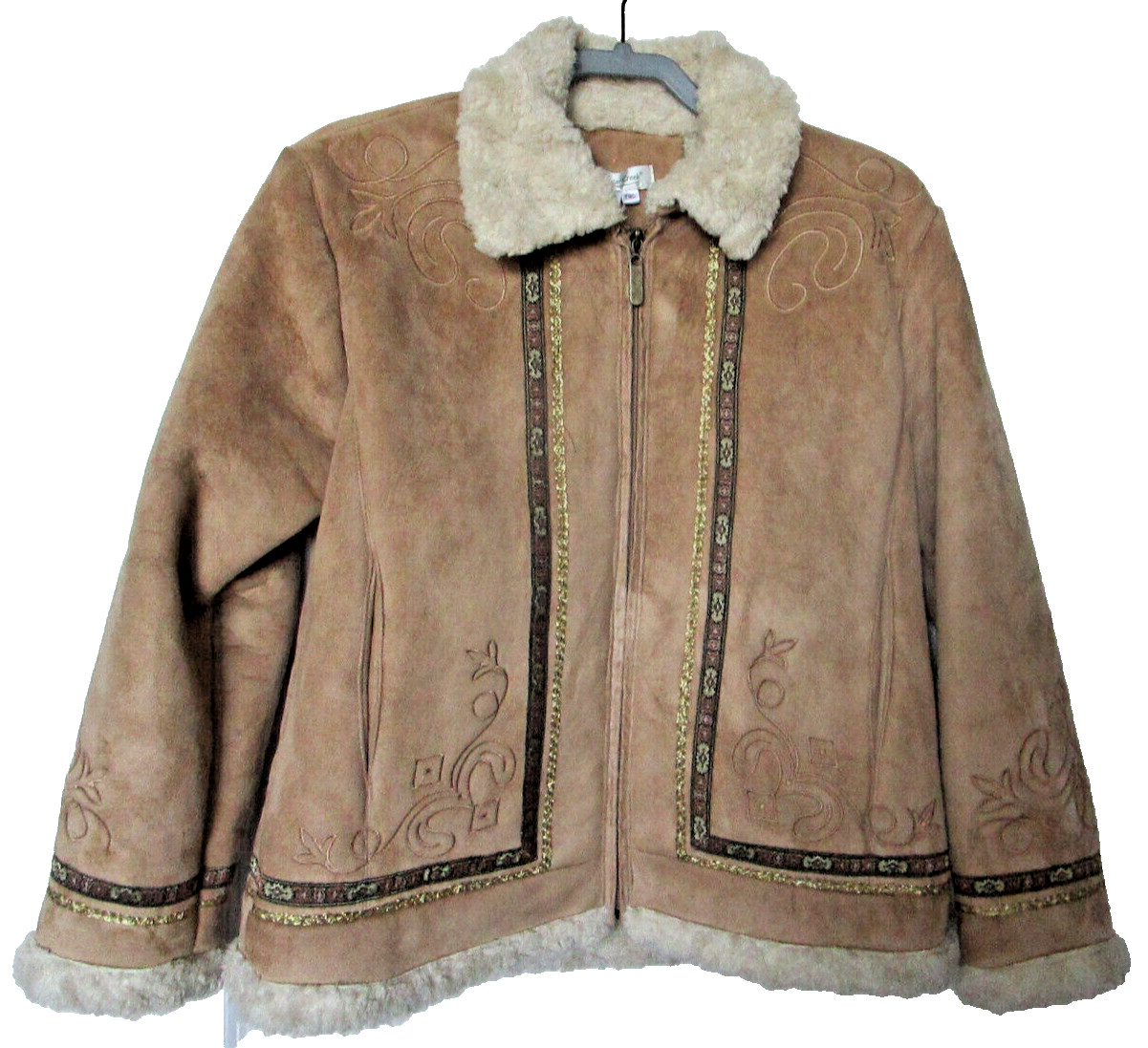 Coldwater Creek Embroidered Sherpa Boho Tan Faux … - image 1