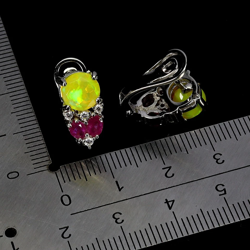 Black Friday 925 Sterling Silver Earrings Round Yellow Opal 7mm Ruby Jewelry - Image 3 of 4