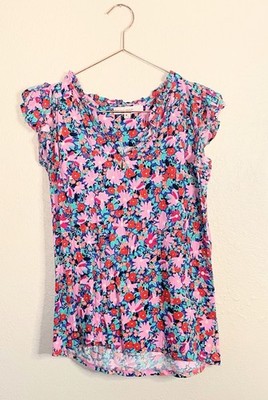 LOFT Floral Flutter Sleeve Blouse Pink Blue Rayon Top Small