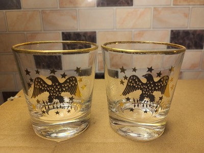 Pair Of Vtg Cocktail Tumblers W/Gold Eagle & 15 Stars Gold Trim Around Lip 3.25''