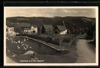 Steinbach an der Haide, Ansichtskarte, Straßenpartie am Dorfweiher mit Kirche 