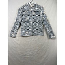Loft Cardigan Sweater Women XS Blue White Space Dye Open Knit Button Front 18336