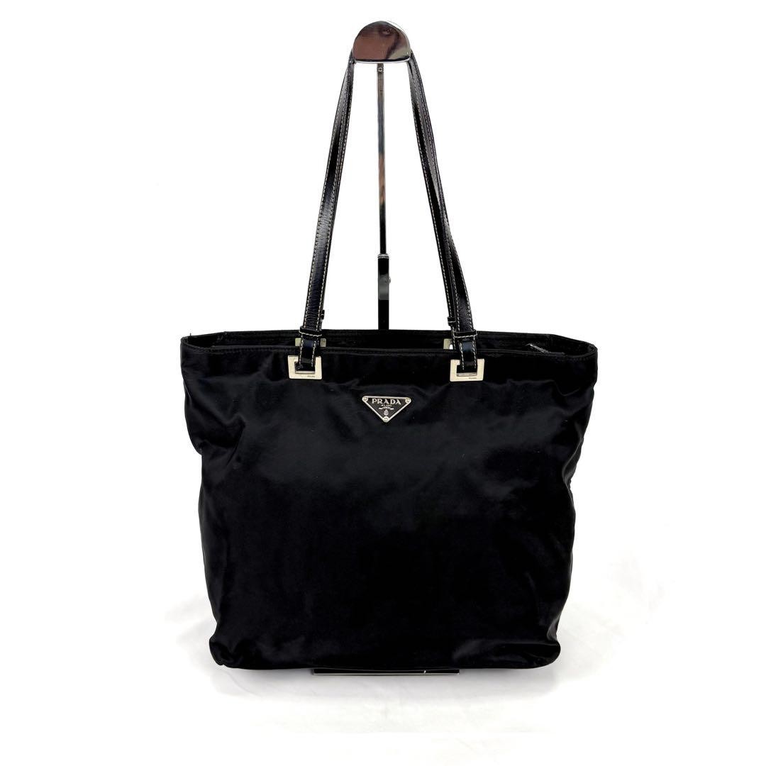 PRADA Black Nylon Leather Tote Bag with Triangle Logo Japan Import