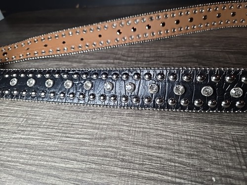 Nacona Belt Womens M Black Sparkle Leather Silver Buckle Rhinestone Westerncore - Picture 5 of 10
