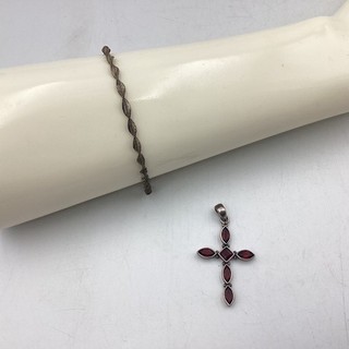 925 Sterling Silver Red Stone Cross Pendant & Twisted Bracelet Set 7.29g TE#8638