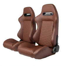 Universal 1 Pair Reclinable Racing Seats Dual Sliders Black Orange Leather Back