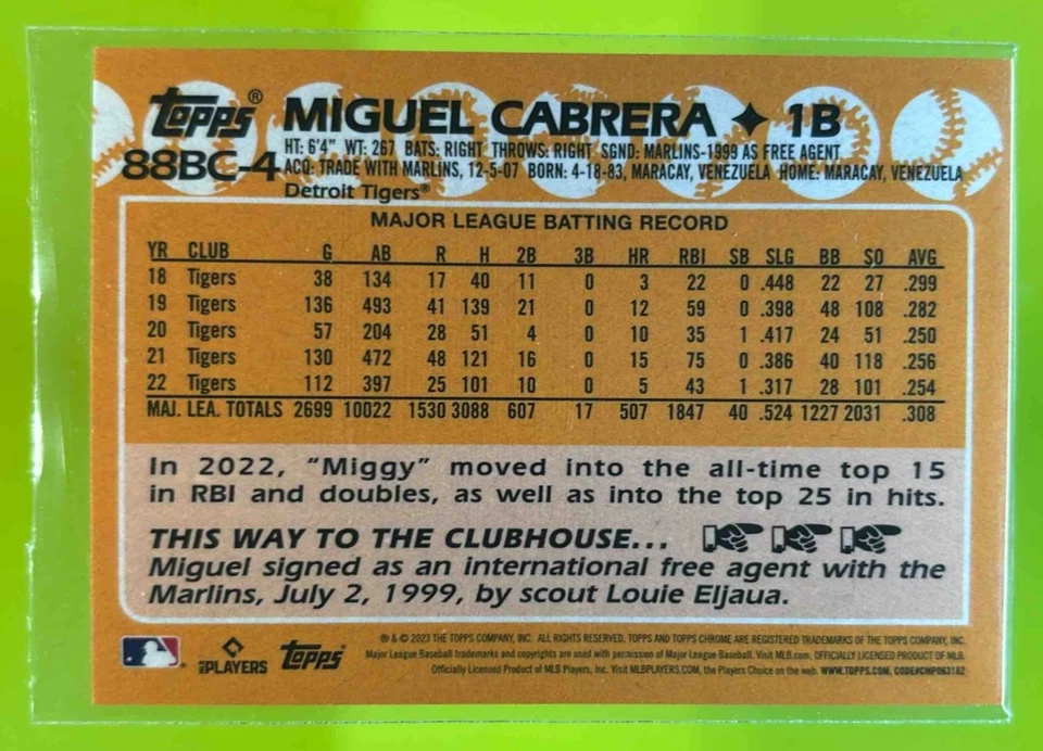 2023 Topps Chrome Miguel Cabrera 1988 Baseball Gold /50 #88BC-4 Detroit - Image 2 of 4