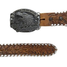 VTG 1992 Harley Davidson Born To Be Wild Eagle Tooled Leather Laced Buckle Belt