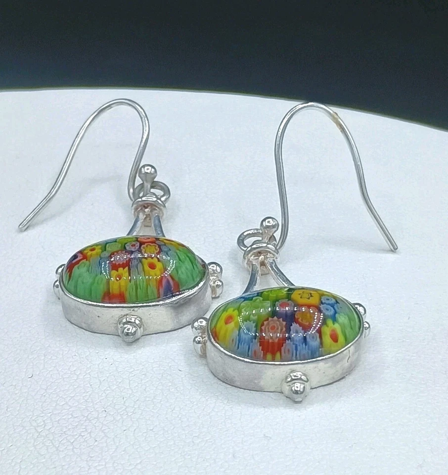 Vintage Murano Millefiori Earrings Sterling Silver Italy Venetian Glass Flowers - Image 3 of 4
