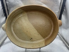 Handmade Stoneware Pottery Oval Baking Dish Lug Handles Earth Glaze Signed Elsie