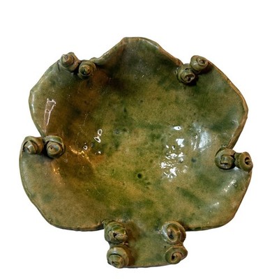 Vintage Handmade Studio Pottery Bowl OS Green Organic Scroll Snail Accents
