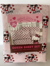 Hello Kitty Sanrio Queen Set 100 Cotton Flat  Fitted Sheet Two Pillowcases New