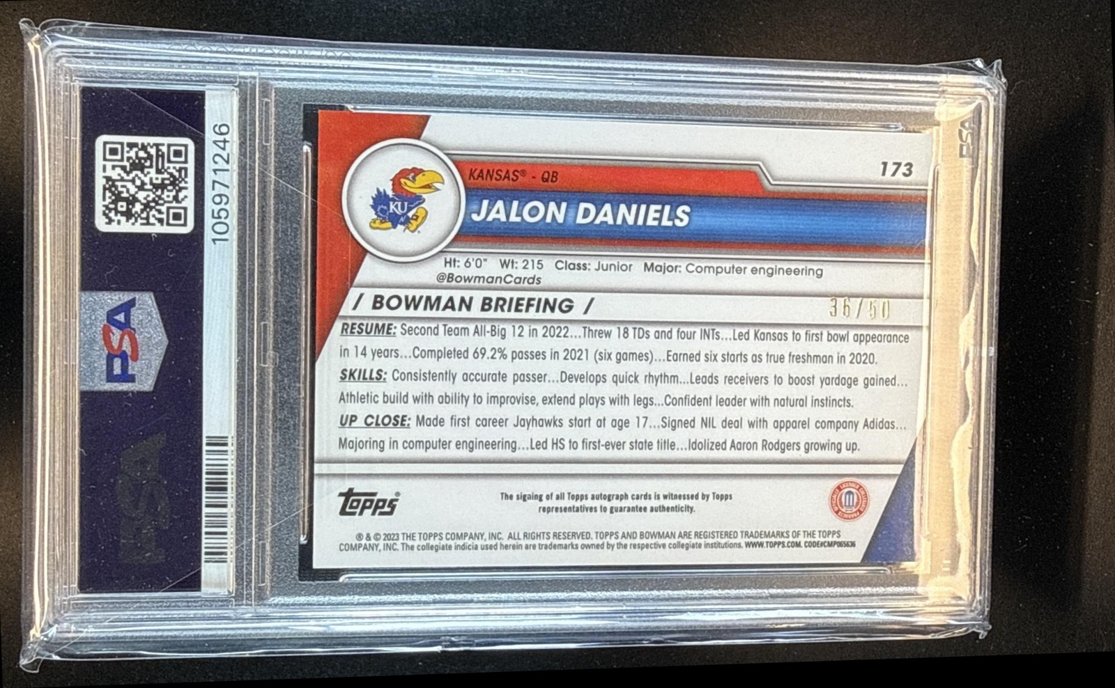 2023 Bowman U Chrome Jalon Daniels Rookie Auto Gold Refractor /50 PSA 10 view 2