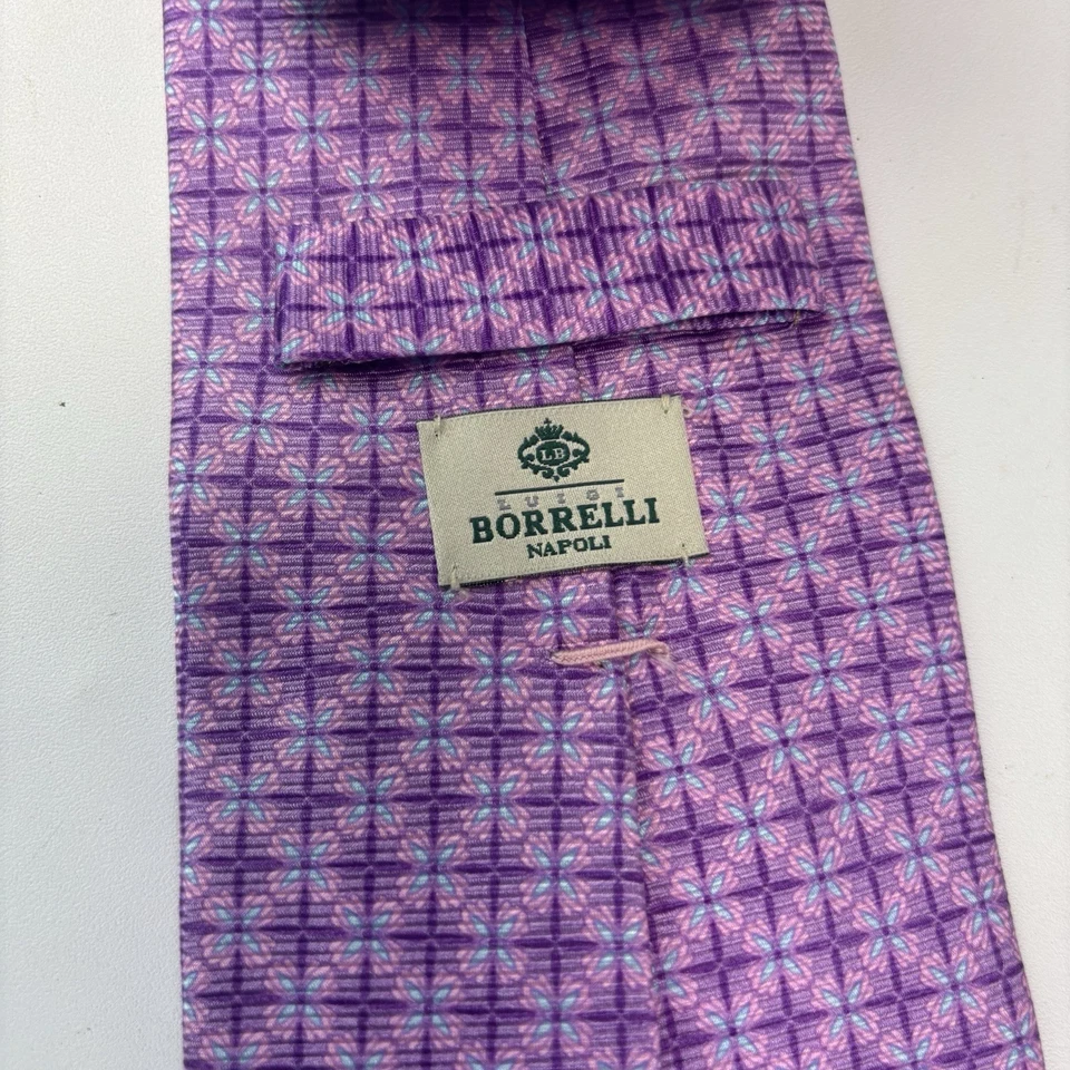 Corbata LUIGI BORRELLI NAPOLI 100 % seda púrpura ITALIA lujo geométrica floral de colección Foto 4 de 4