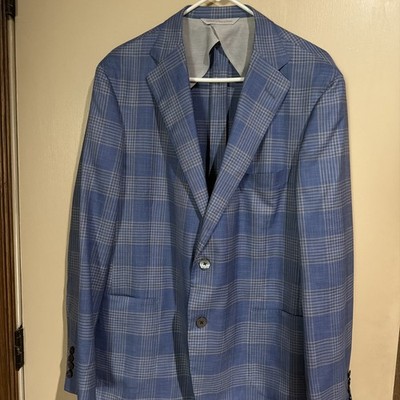 SAMUELSOHN Blue Plaid SUPER 150's Wool And Silk Blazer US 46R Woven In Italy
