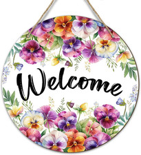 Welcome Sign for Front Door - Spring Red Blue Purple Floral Wooden Hanger Sign