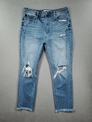 Kancan Jeans Womens 30 Cropped High Rise Stretch Medium Wash Ripped Faded Denim