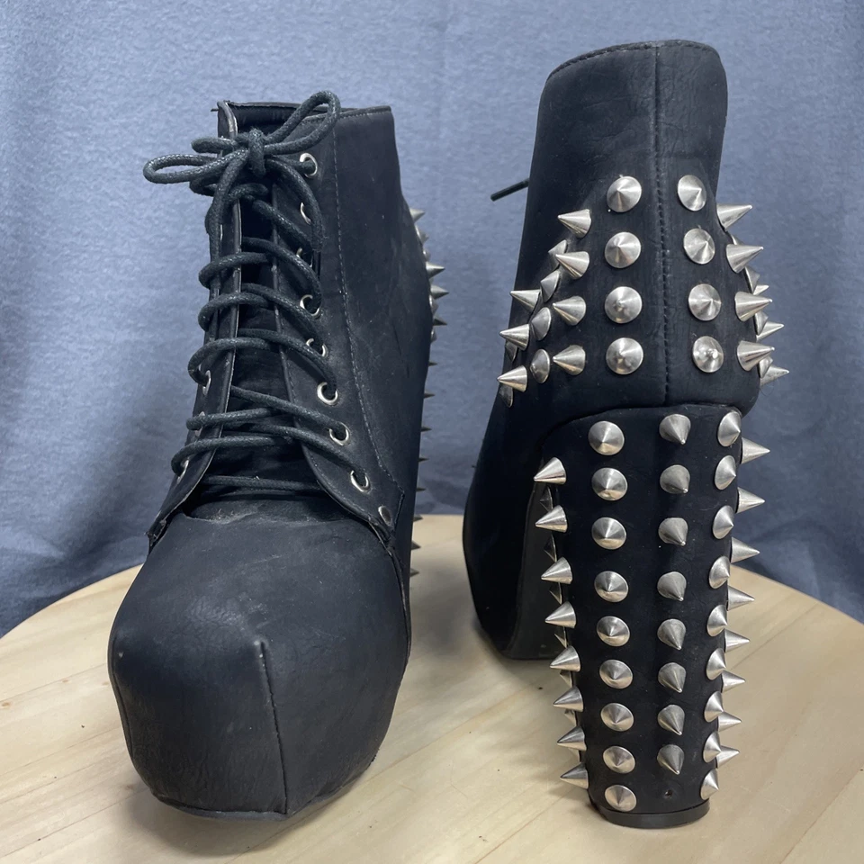 Botín Punk Goth Silver Spike Stud 10 Negro Tacón Alto Juegos con disfraces KISS Foto 2 de 4