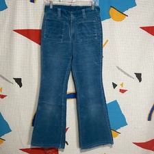 Vintage 70s Corduroy Bell Bottoms Flare Pants 28x30 Velour Teal Blue Disco Hippy