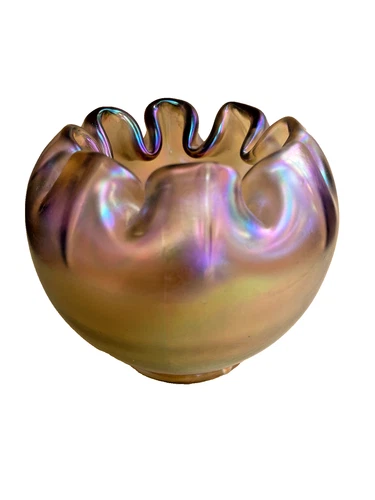 Vintage Fenton Gold Stretch Iridescent Rose Bowl Crimped In Top