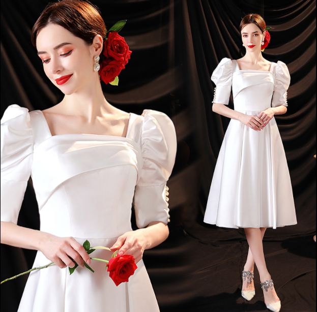 Gorgeous White Square-cut Collar Hubble-bubble Sleeve Mini