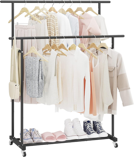 Double Rod Rolling Garment Rack, Portable Clothing Organizer with Wheels, Black