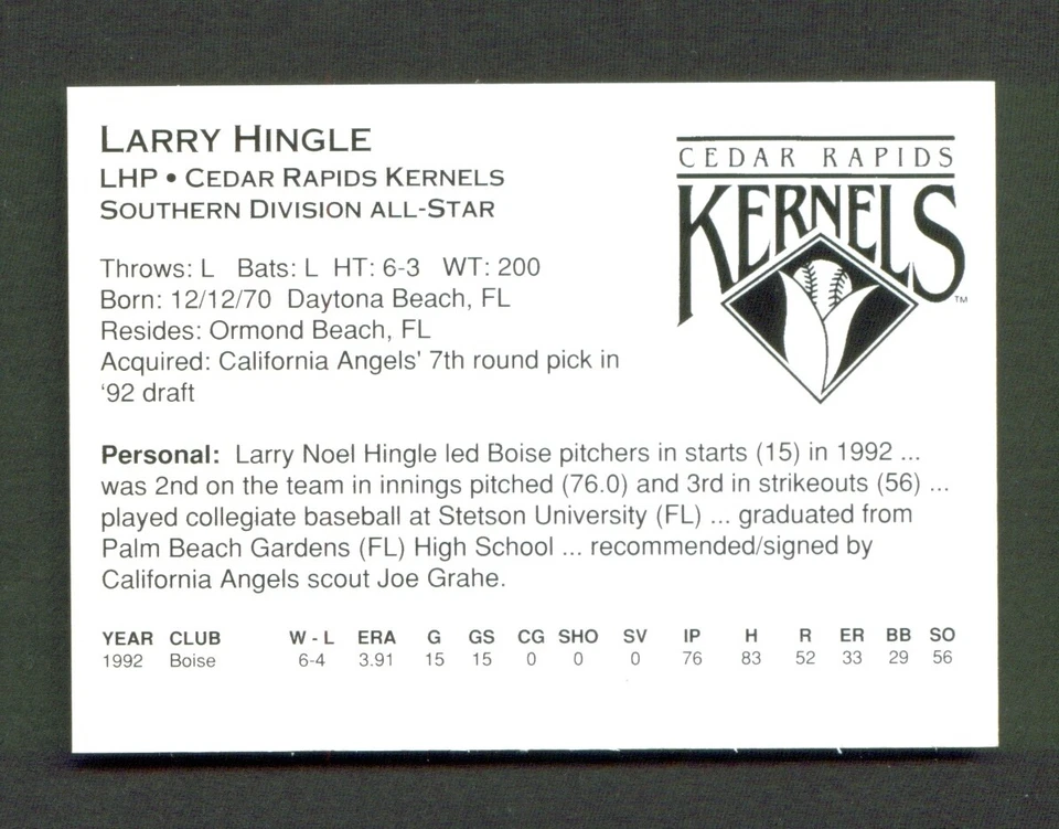 1993 Midwest League All-Stars LARRY HINGLE Cedar Rapids KERNELS Ormond Beach FL - Image 2 of 2