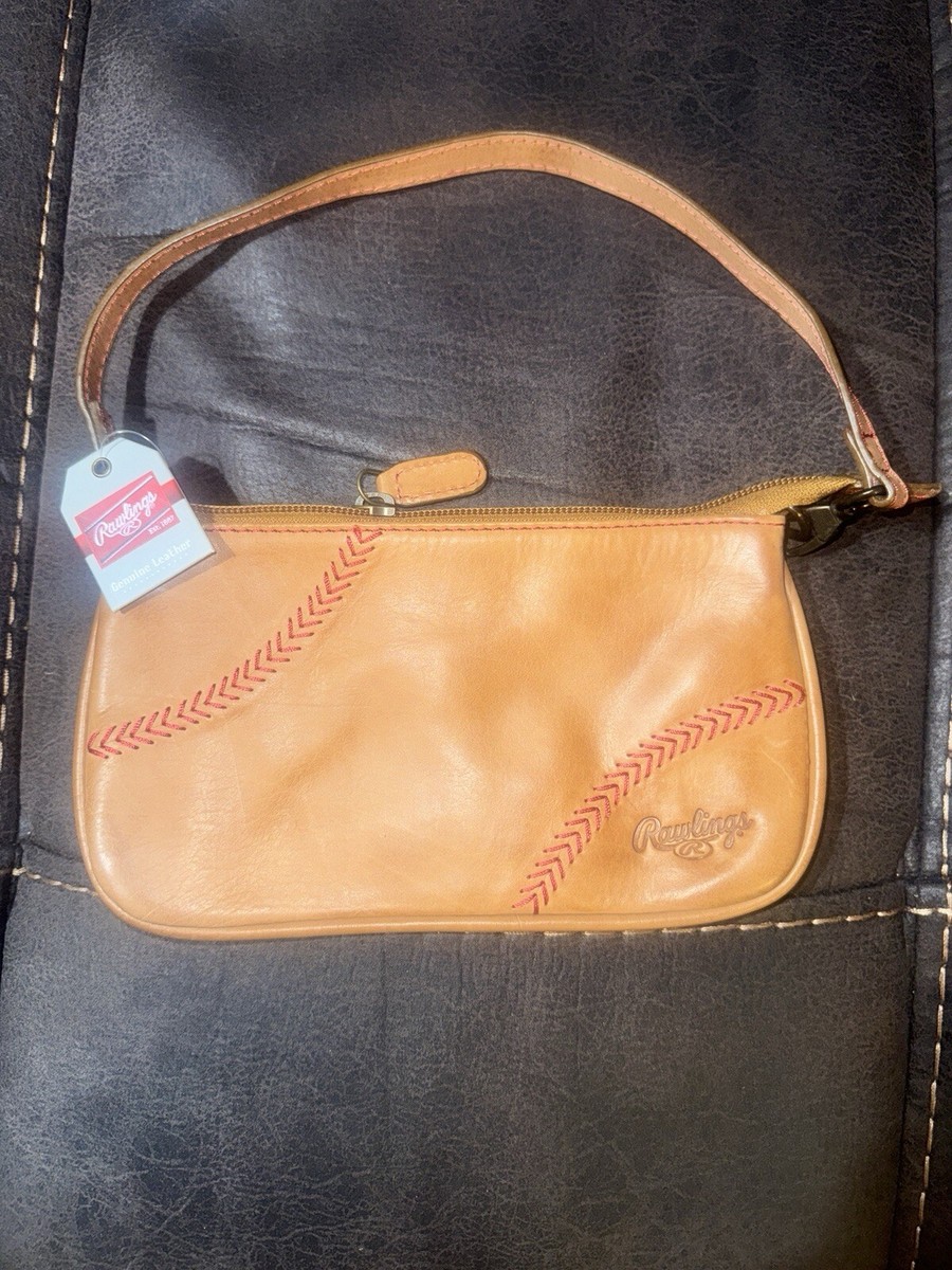 NEW RAWLINGS BASEBALL BROWN LEATHER WRISTLET PURSE RED STITCHING